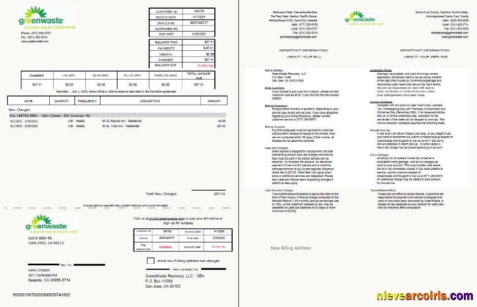 USA Green Waste utility bill, 2 pages